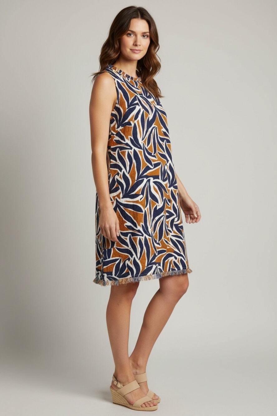 Charlie Paige Linen Blend Dress Large Tropical Leaf Sleeveless Pockets Raw Hem